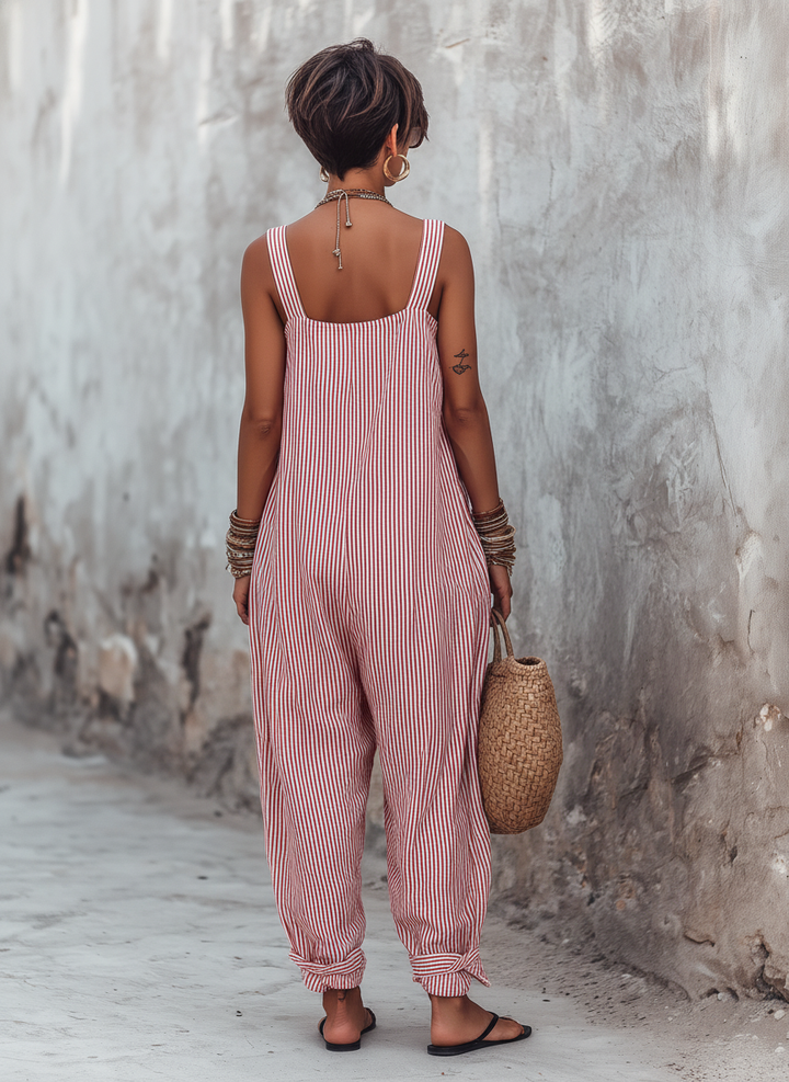 Dames Minimalistische Gestreepte Losse Vierkante Hals Mouwloze Jumpsuit MDZ1052D7Y