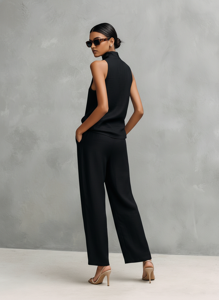 Dames Elegante Zwarte Katoenen En Linnen Ronde Hals Mouwloze Top En Broek Set MDZ1441A4AN