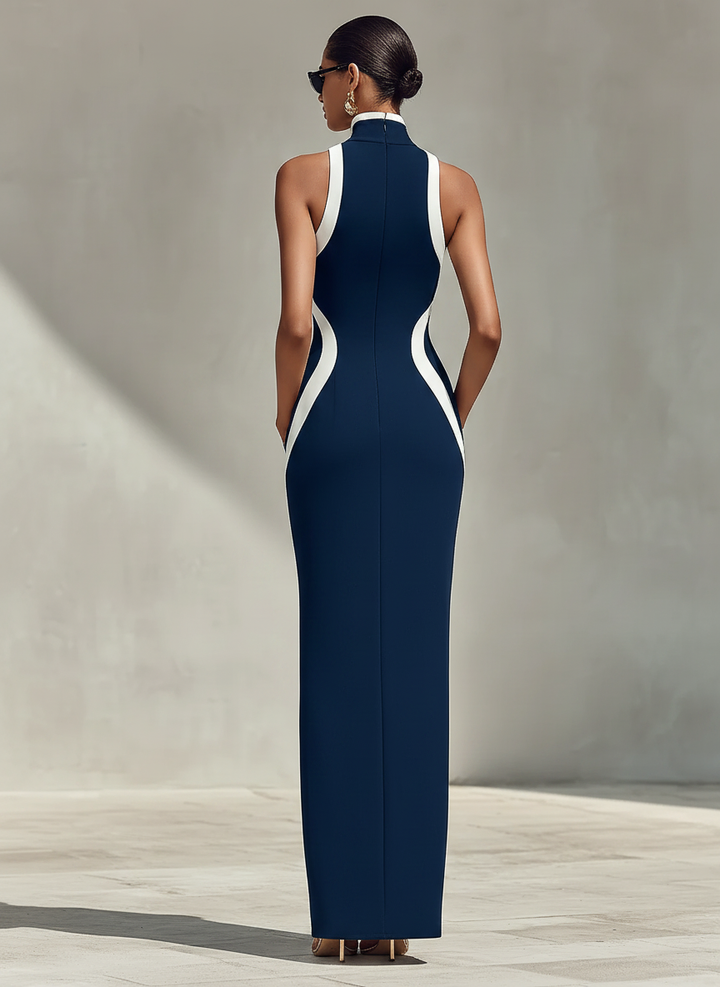 Dames Marineblauw & Witte Strak Passende Gown Met Voorrits Detail & Zijslit, Moeiteloos Elegante Formele Jurk MDZ1519D1LYL