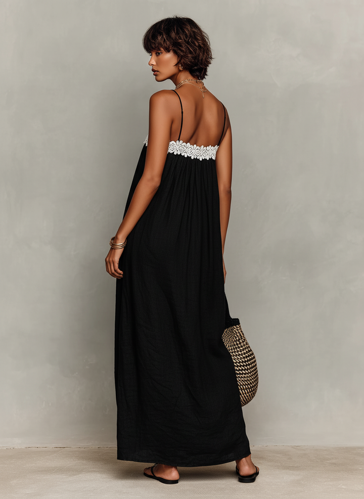 Vrouwen Minimalistische Linnenmix Strapless Maxi Jurk met Spaghettibandjes MDZ1926C9Y