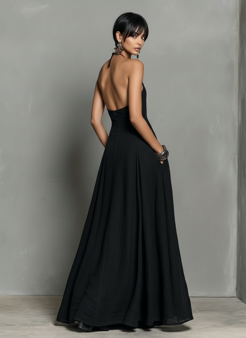 Dames Minimalistische Linnenmix Halternek Mouwloze Maxi Jurk MDZ2210A0Y