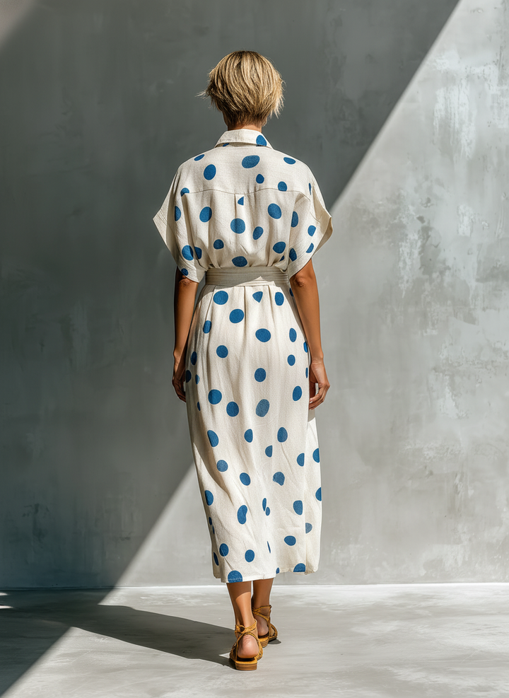 Dames Off-White Linnen-Blend Polka Dot Shirt Jurk Met Taille Cincher & Zakken MDZ2481D3T