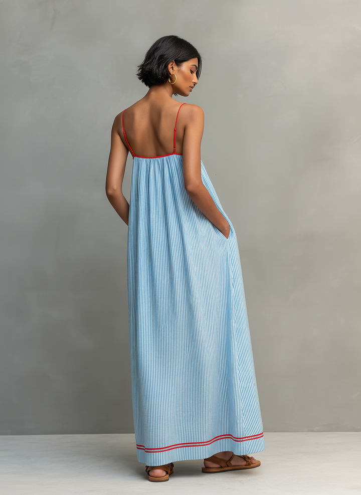 Dames Minimalistische Gestreepte Maxi-jurk Met Rode Accenten En Spaghetti Bandjes MDZ2710C3Y