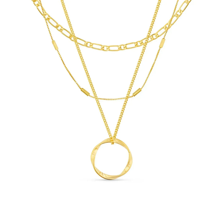 Elegante gouden collier met drie rijen en open cirkel