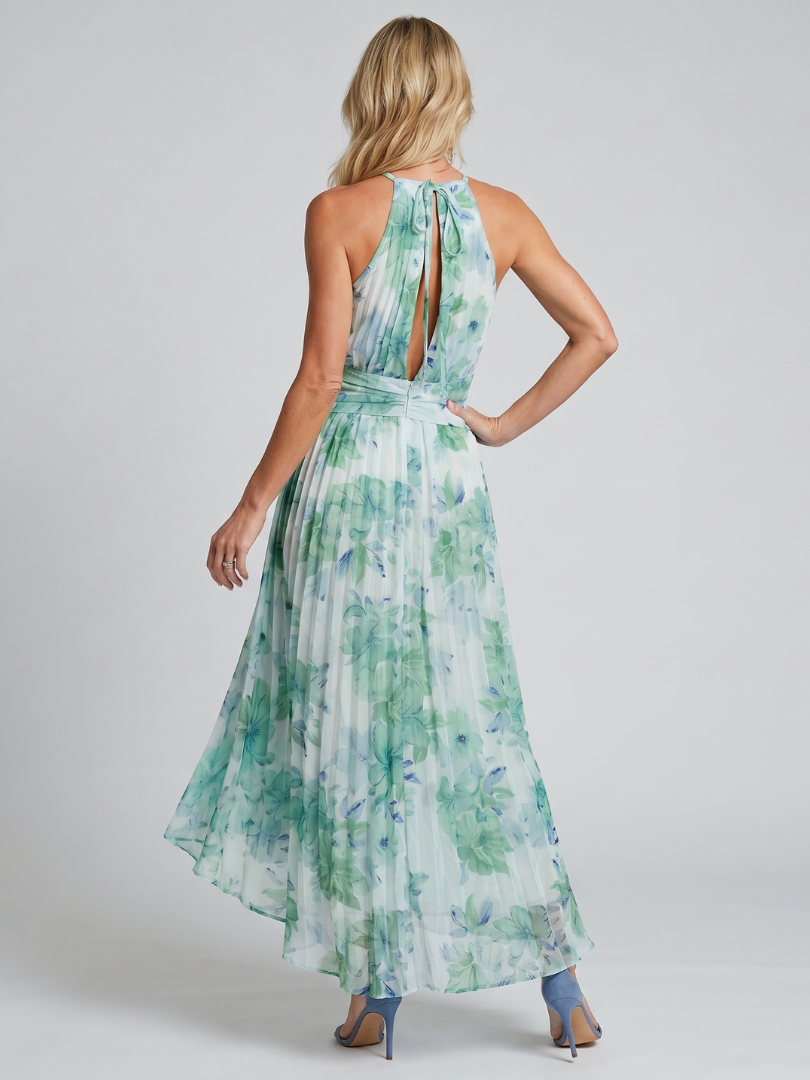 Portia | Geplooide Halter Midi-jurk met Zachte Bloemenpatroon