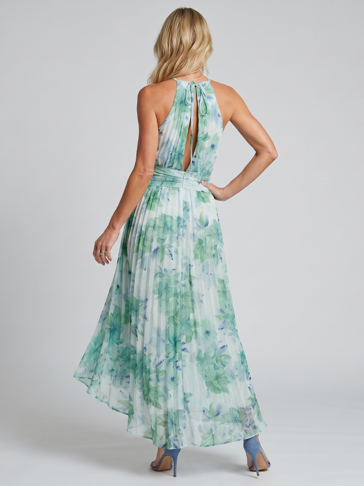Portia | Geplooide Halter Midi-jurk met Zachte Bloemenpatroon