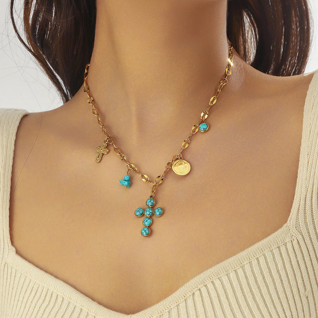 Exclusieve Turquoise Kruis Ketting van Roestvrij Staal