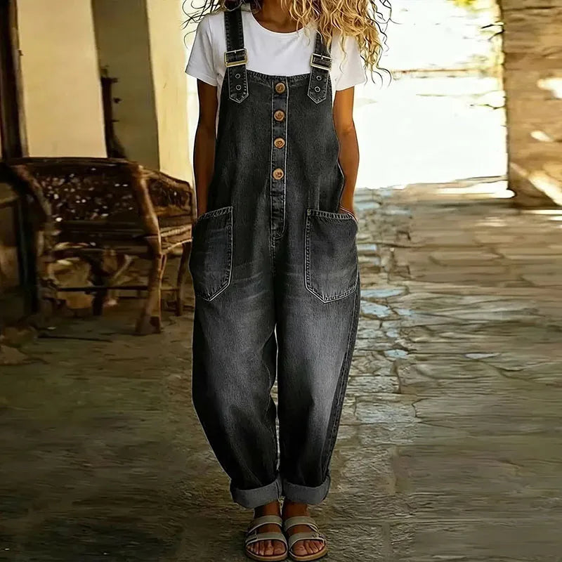 Carmen - Vintage denim jumpsuit van zacht katoen met verstelbare schouderbanden