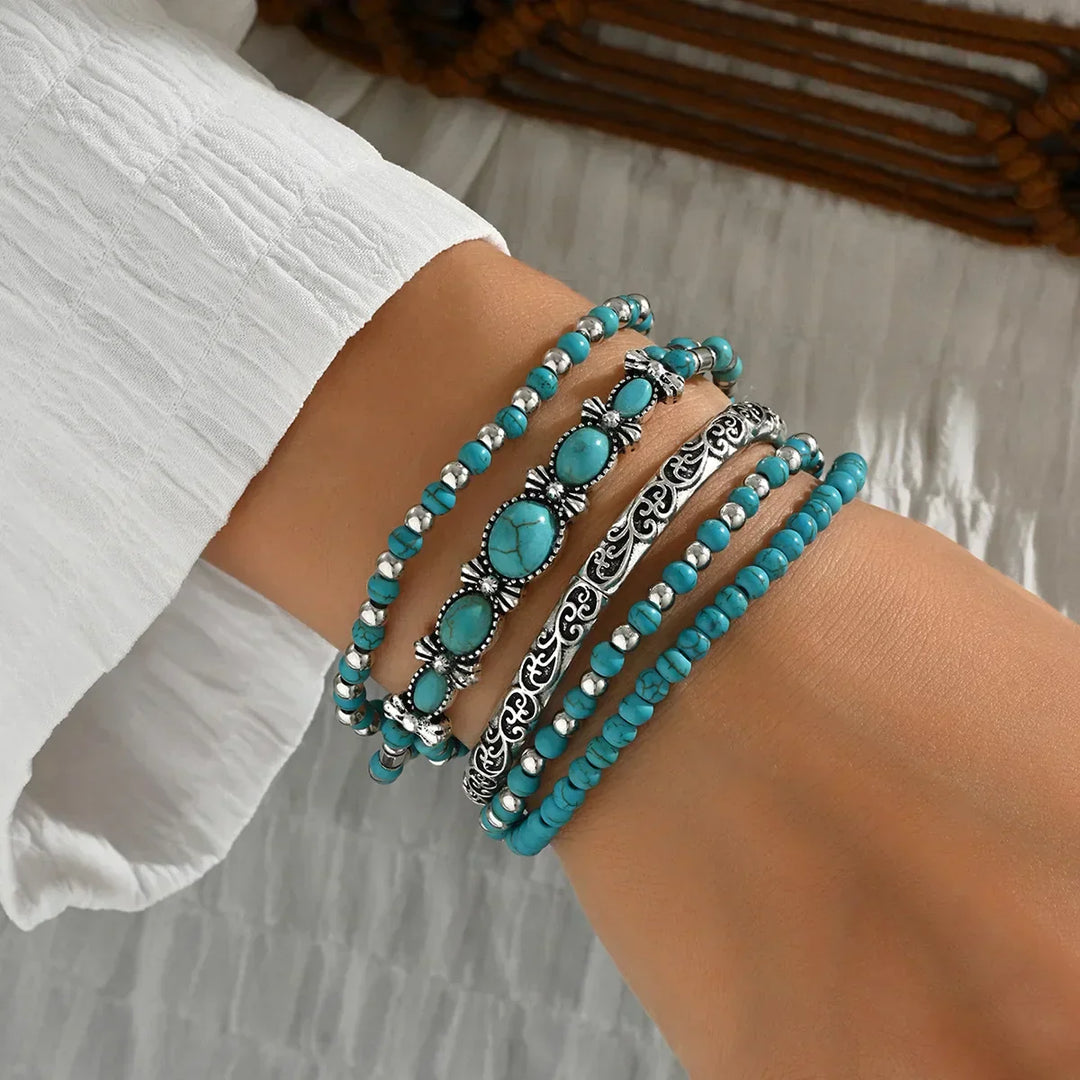 Lucia - Set van armband en oorbellen van turquoise parels in bohemian stijl
