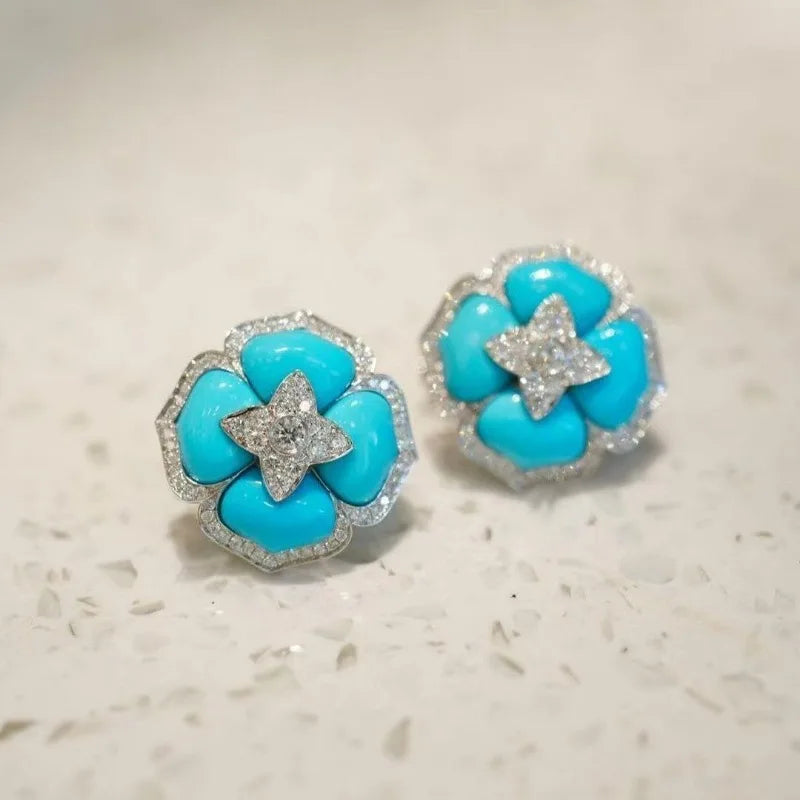 Verfijnde Zilveren Blauwe Bloem Oorbellen