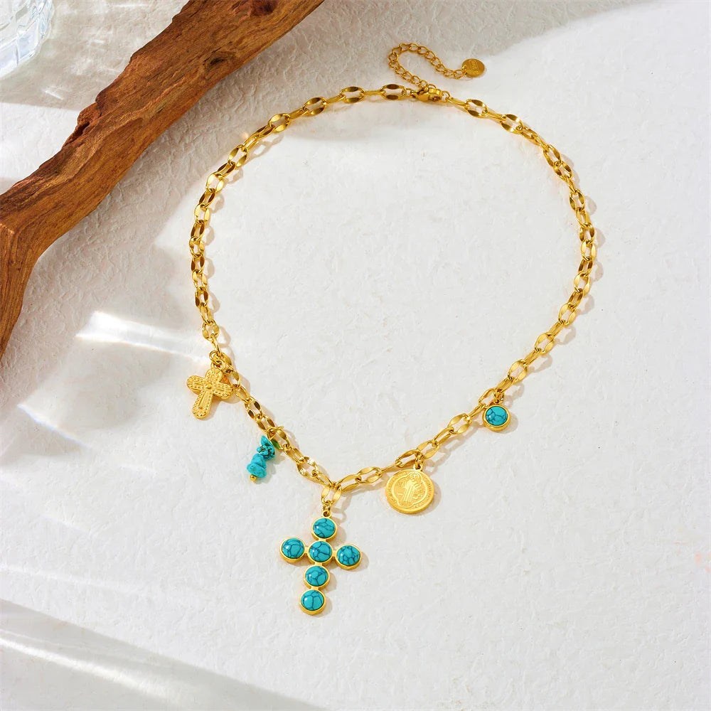 Exclusieve Turquoise Kruis Ketting van Roestvrij Staal