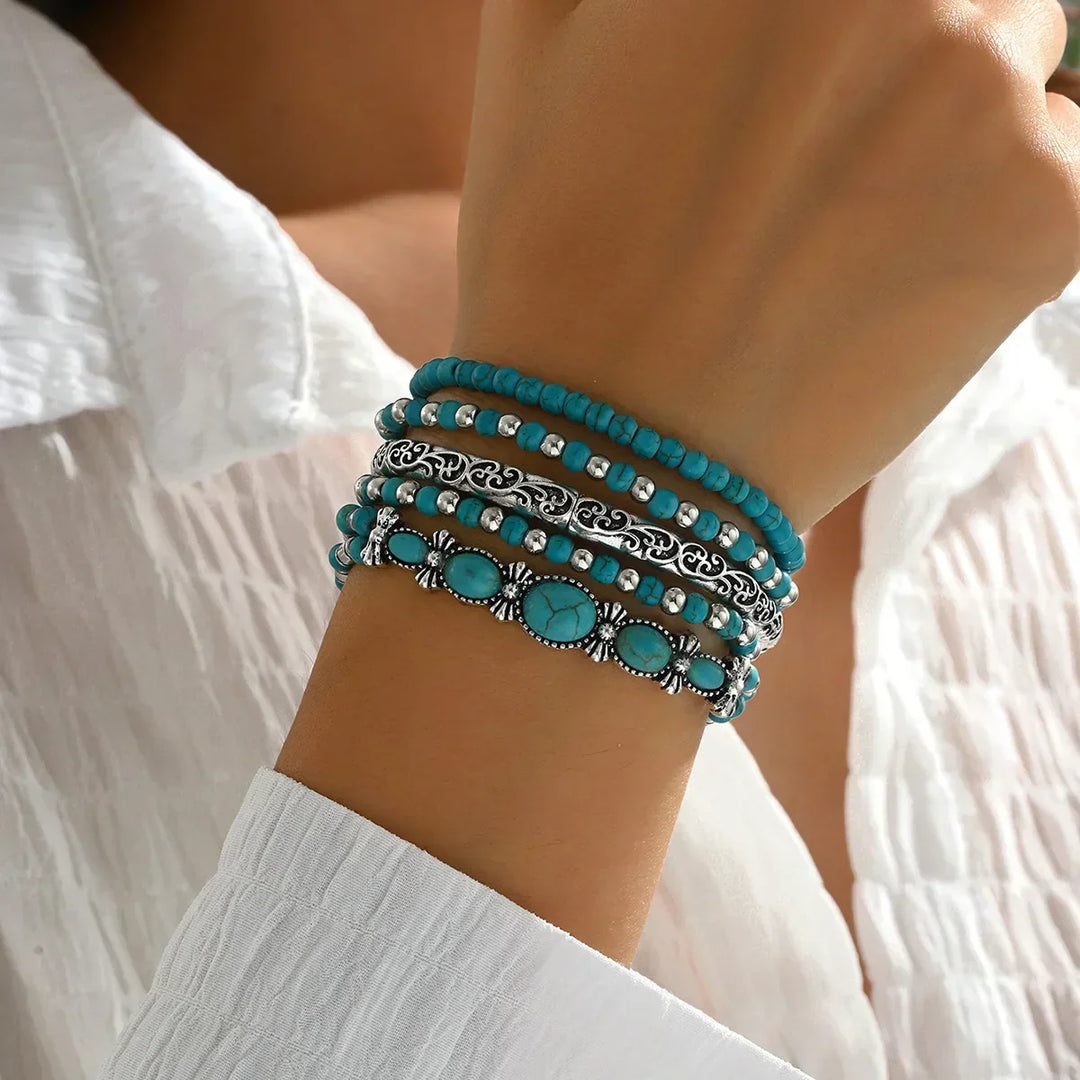 Boho armbanden set met turquoise kralen
