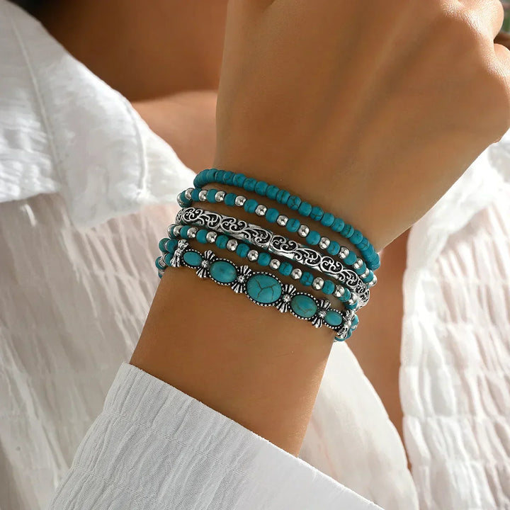 Lucia - Set van armband en oorbellen van turquoise parels in bohemian stijl