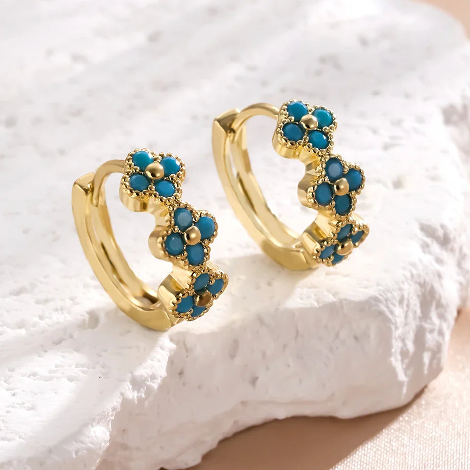 Chique Turquoise Blauwe Bloem Hoepel Oorbellen