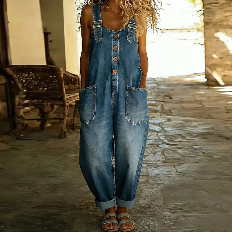 Carmen - Vintage denim jumpsuit van zacht katoen met verstelbare schouderbanden