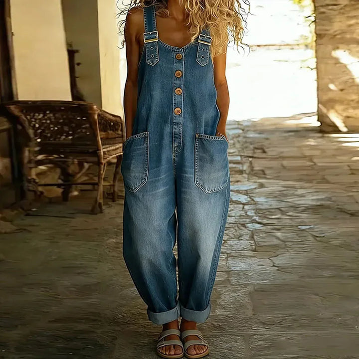 Carmen - Vintage denim jumpsuit van zacht katoen met verstelbare schouderbanden