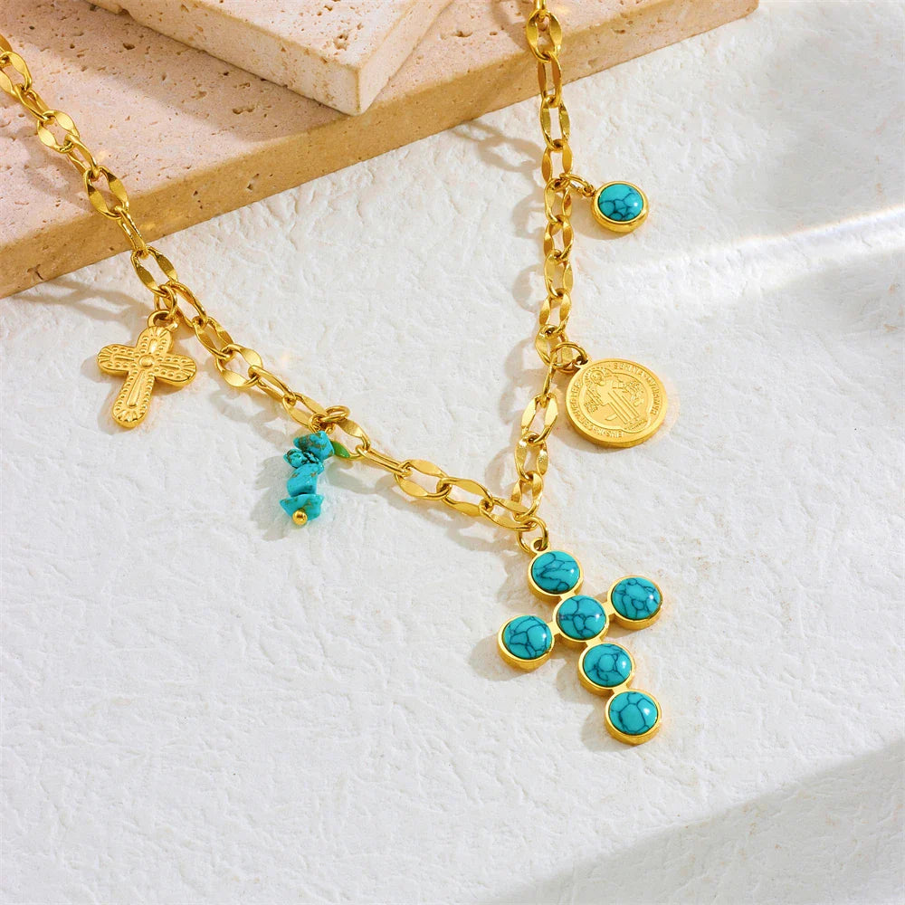 Exclusieve Turquoise Kruis Ketting van Roestvrij Staal