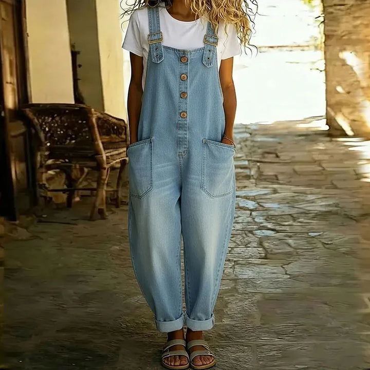 Carmen - Vintage denim jumpsuit van zacht katoen met verstelbare schouderbanden