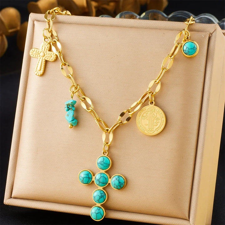 Exclusieve Turquoise Kruis Ketting van Roestvrij Staal