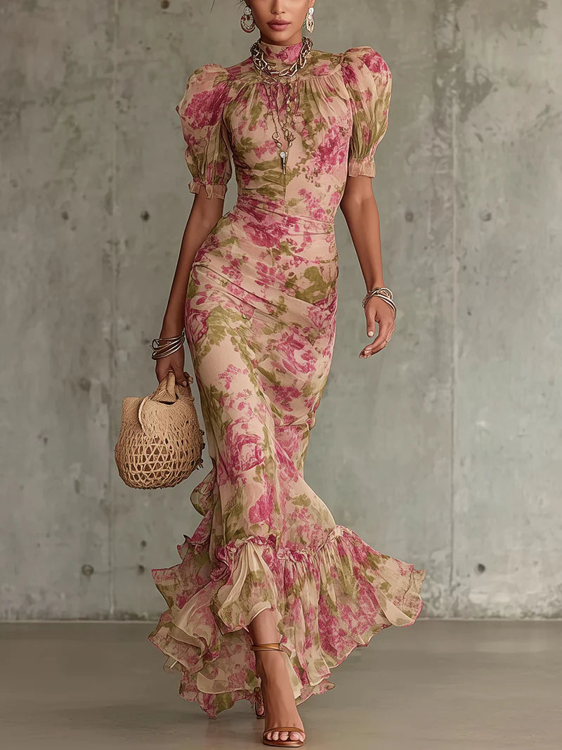Fiora - Lange jurk met vintage rozenprint en pofmouwen