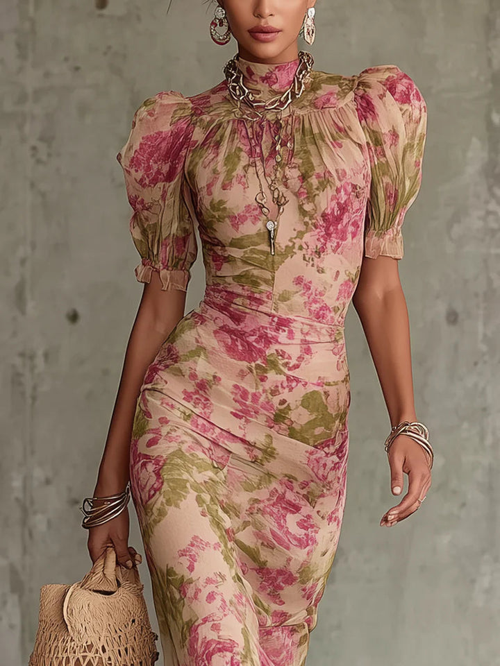 Fiora - Lange jurk met vintage rozenprint en puffmouwen