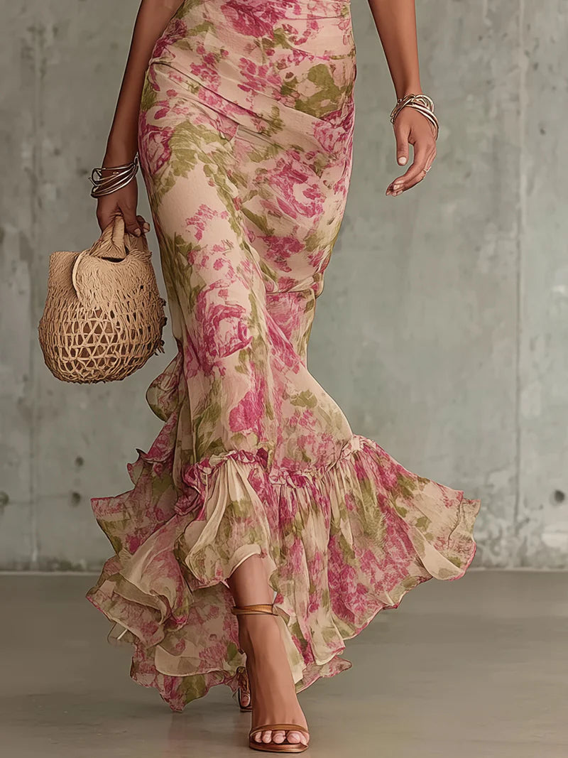 Fiora - Lange jurk met vintage rozenprint en puffmouwen