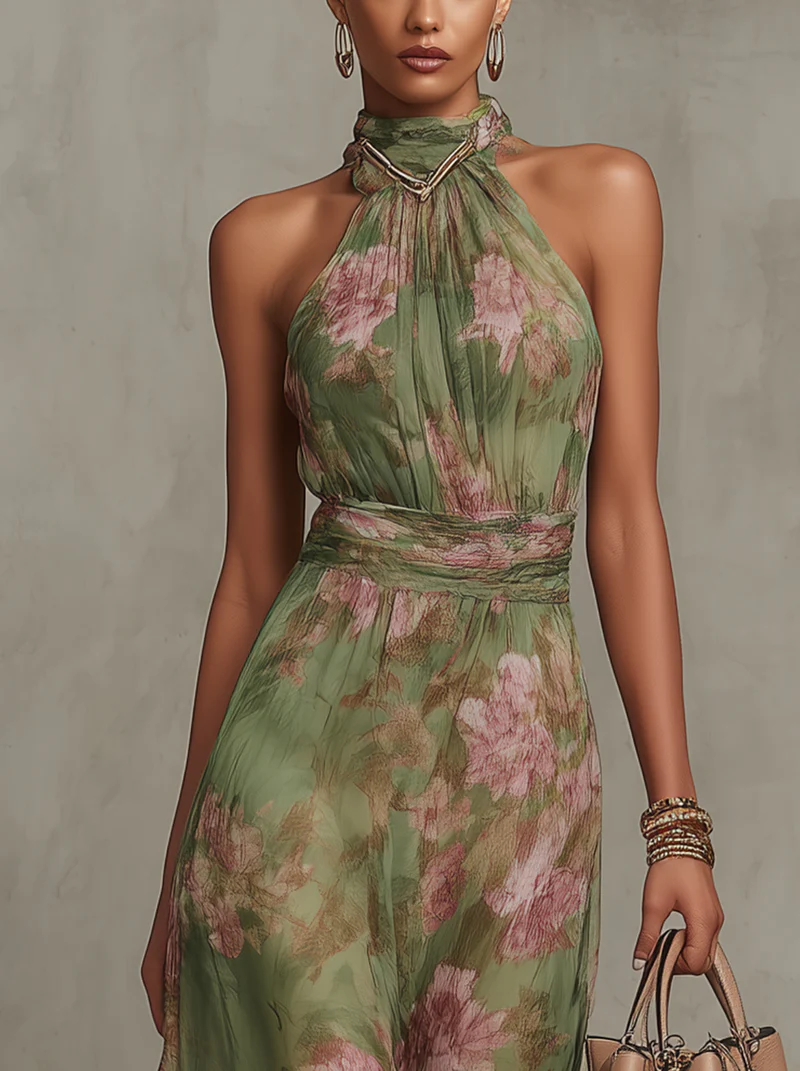 Serena ∙ Lange groene chiffon jurk met bloemen en Amerikaanse halslijn