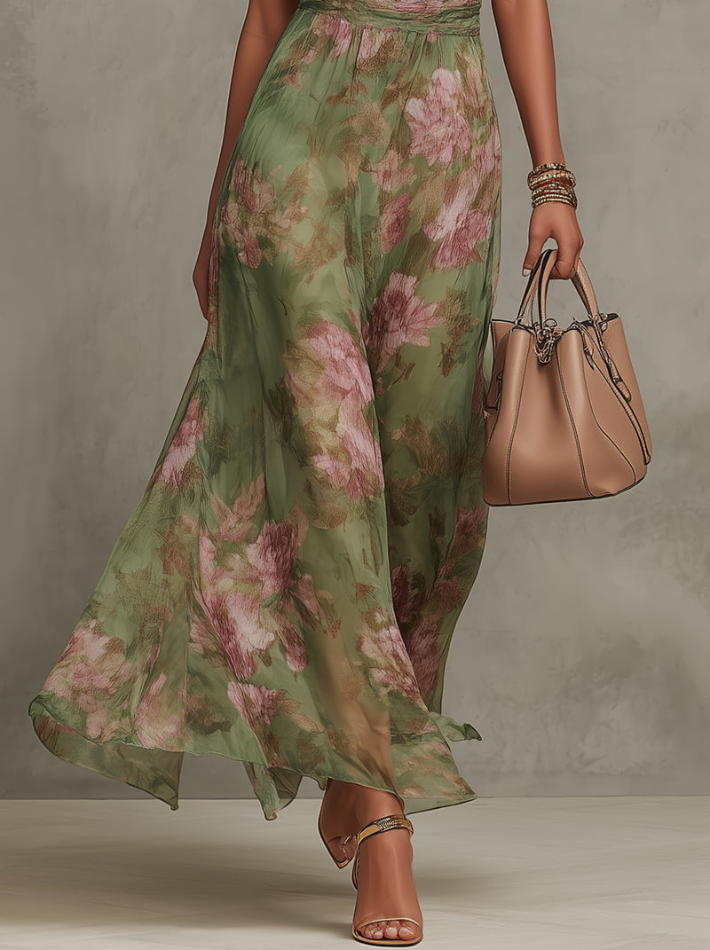 Serena ∙ Lange groene chiffon jurk met bloemen en Amerikaanse halslijn