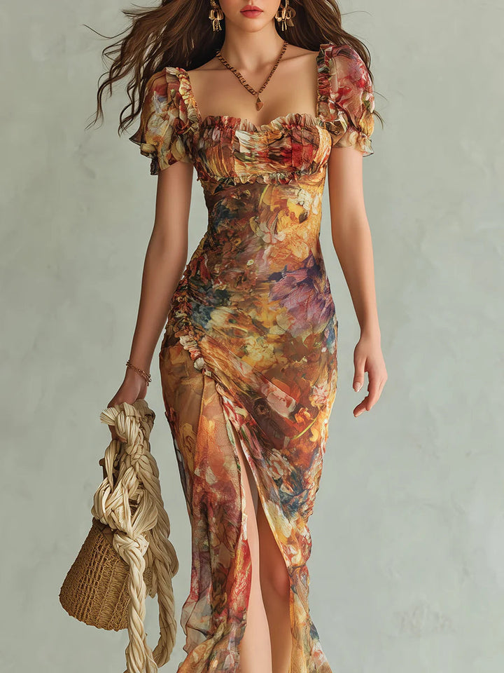 Viola - Lange chiffon jurk in oranje met olieverfprint in bohemien stijl