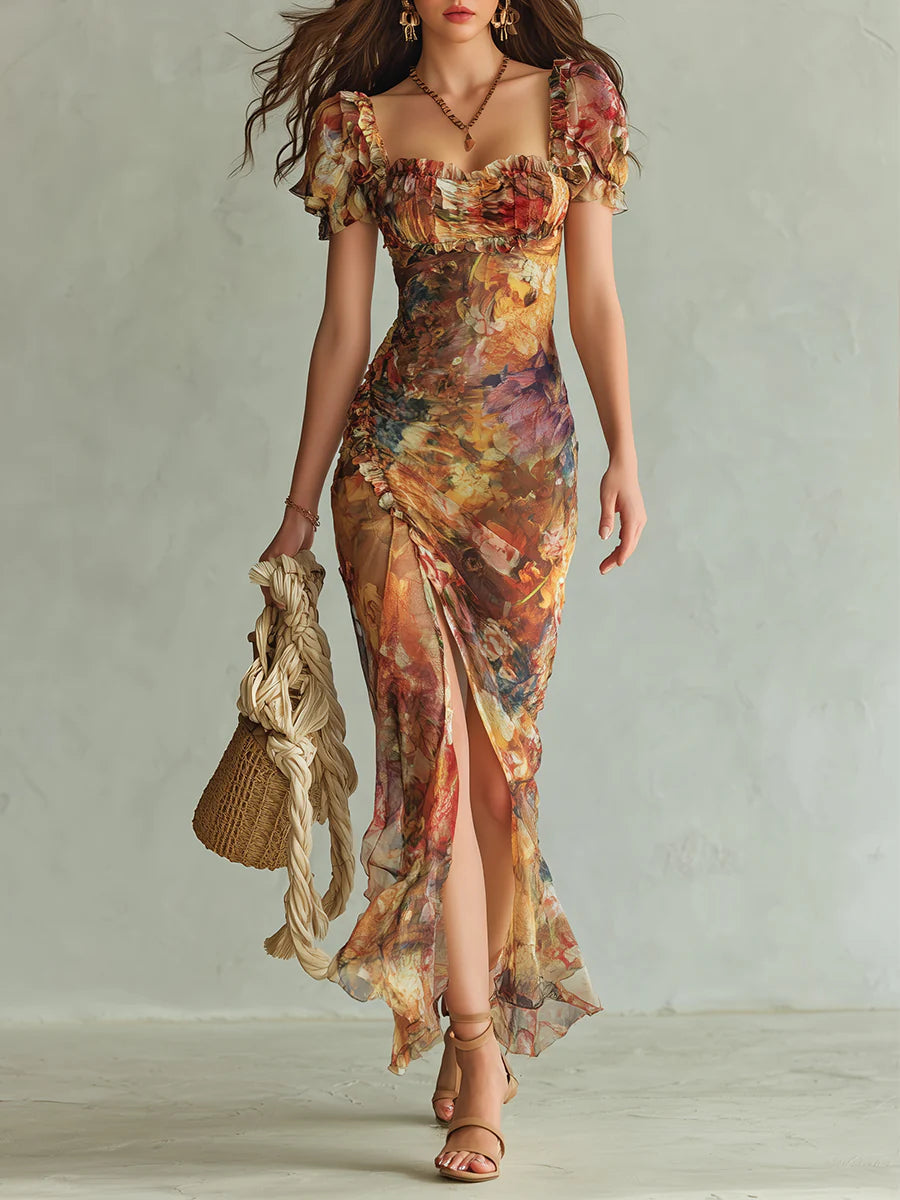 Viola - Lange chiffon jurk in oranje met olieverfprint in bohemien stijl