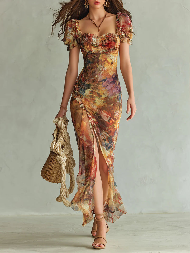 Viola - Lange chiffon jurk in oranje met olieverfprint in bohemien stijl