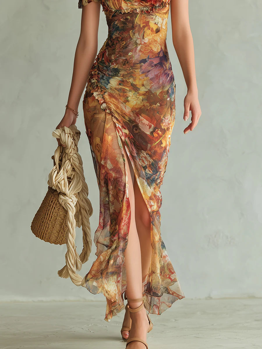 Viola - Lange chiffon jurk in oranje met olieverfprint in bohemien stijl