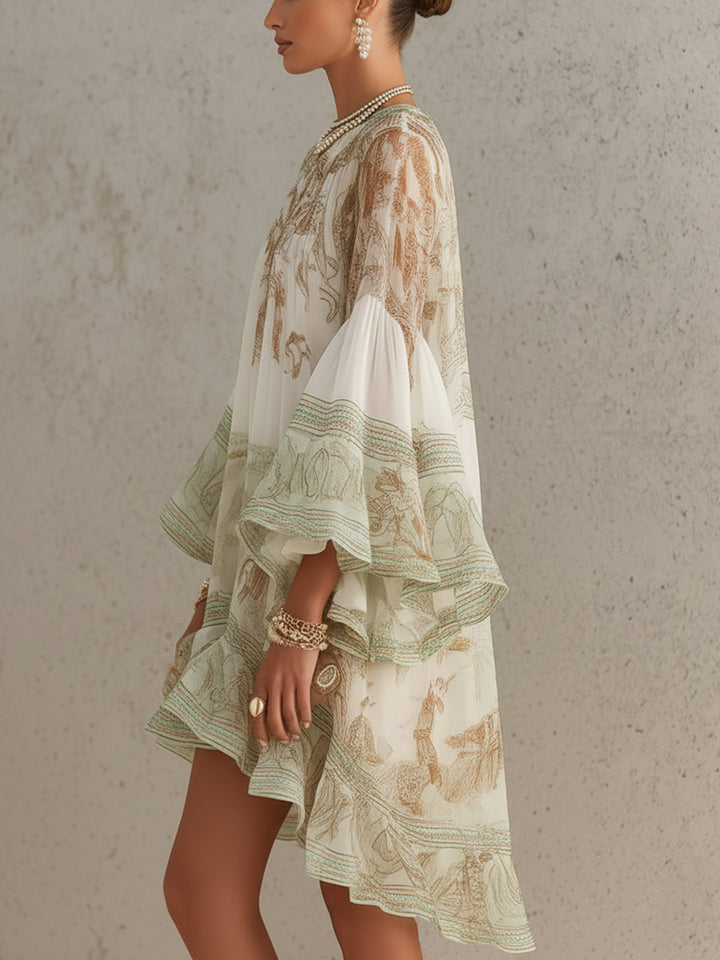 Rosalie | Mini Jurk van Mousseline met Volants en Gestreepte Groene Zoom
