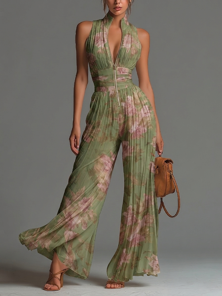 Chiffon Salopette in Groene Bloemenprint met V-hals, Mouwloos, met Rits en Plissé, met Wijde Pijpen