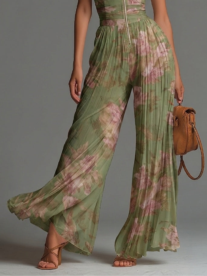 Chiffon Salopette in Groene Bloemenprint met V-hals, Mouwloos, met Rits en Plissé, met Wijde Pijpen