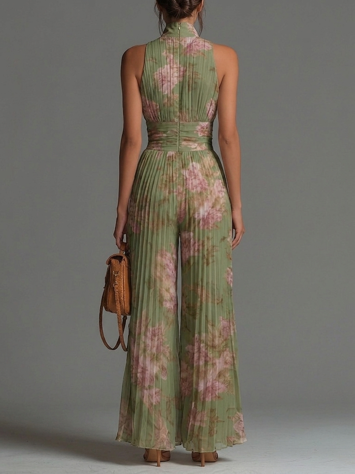 Chiffon Salopette in Groene Bloemenprint met V-hals, Mouwloos, met Rits en Plissé, met Wijde Pijpen
