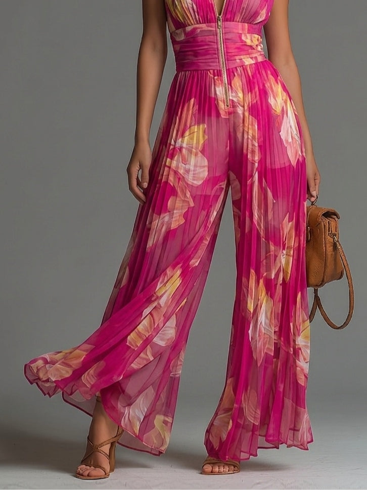 Leïla | Plissé bloemen jumpsuit fuchsia