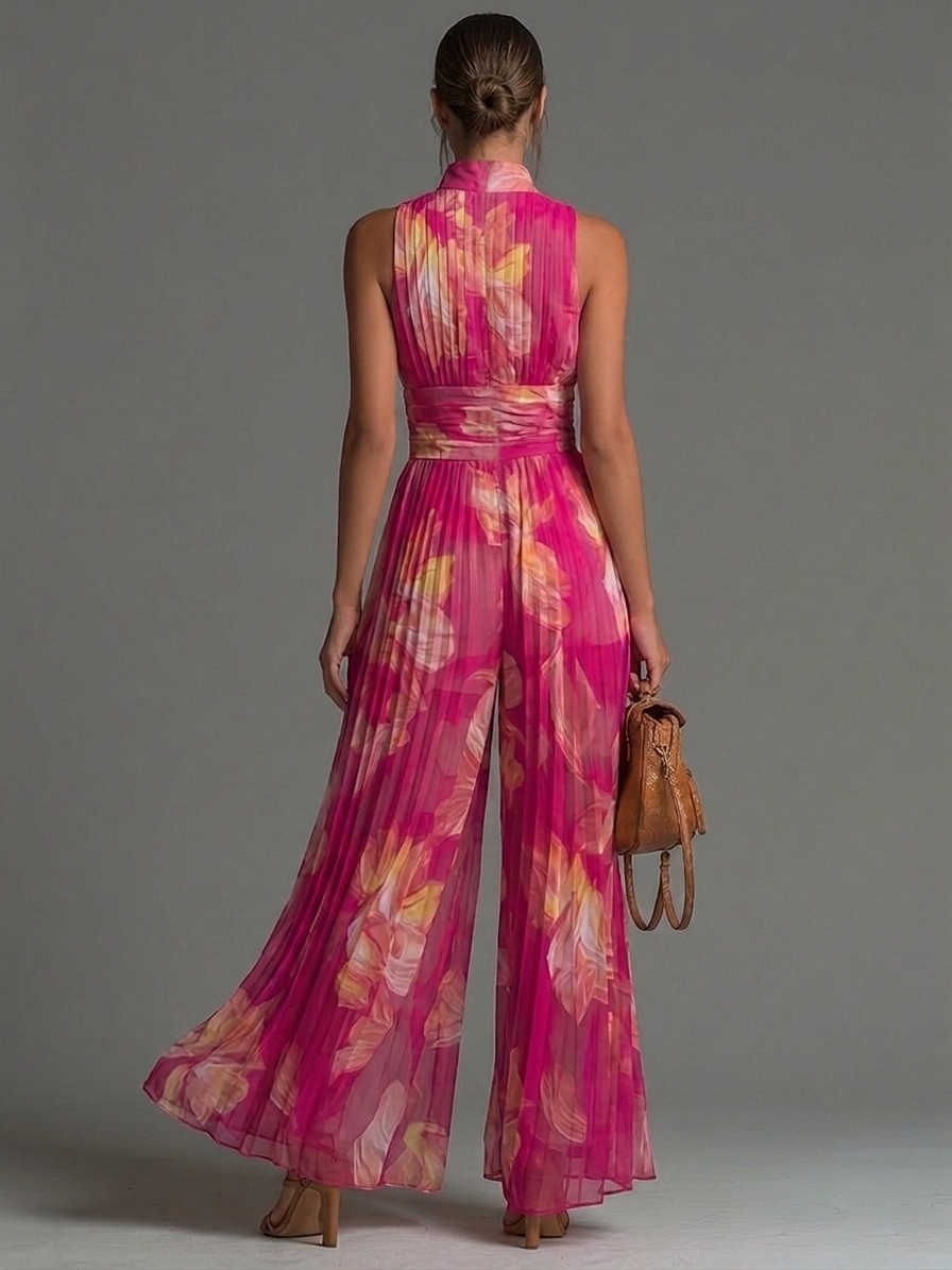 Leïla | Plissé bloemen jumpsuit fuchsia