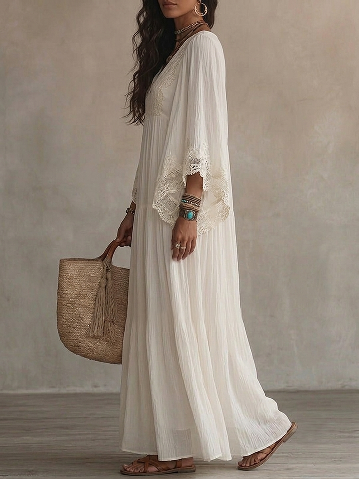 Indara • Lange witte jurk met V-hals