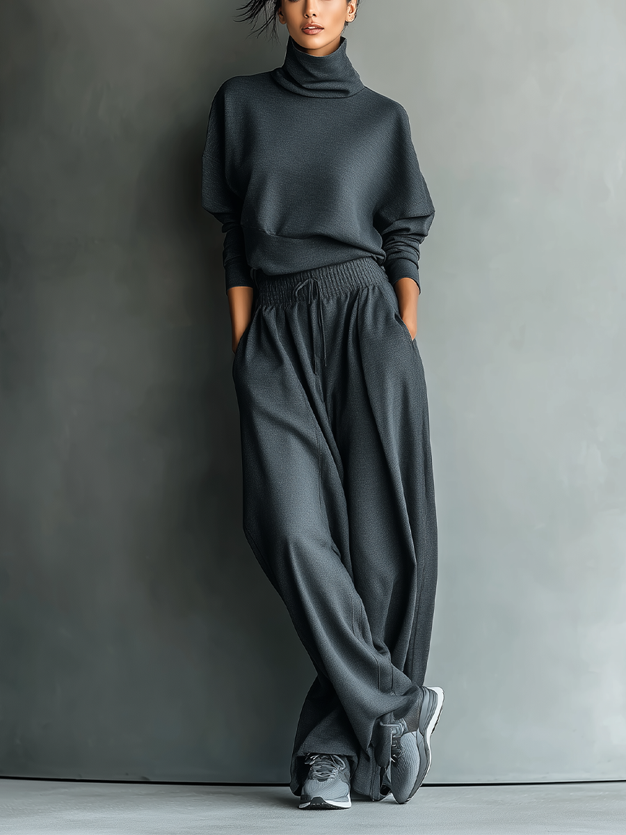 Dames Charcoal Gebreide Turtleneck Oversized Top & Brede Broek Set MDA2435L7T