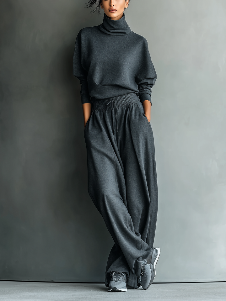 Dames Charcoal Gebreide Turtleneck Oversized Top & Brede Broek Set MDA2435L7T