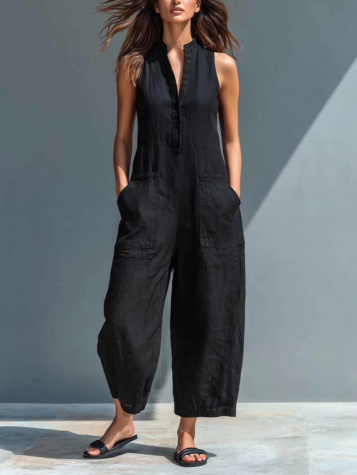 Dames Minimalistische Linnenmix Knop-up Staande Kraag Mouwloze Losse Jumpsuit MDZ2725A5Y