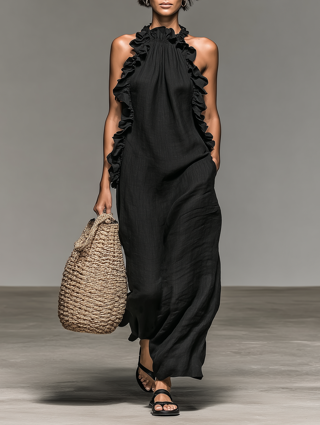Dames Minimalistische Linnenmix Mouwloze Maxi Jurk Met Rimpeldetails MDZ1622A0Y