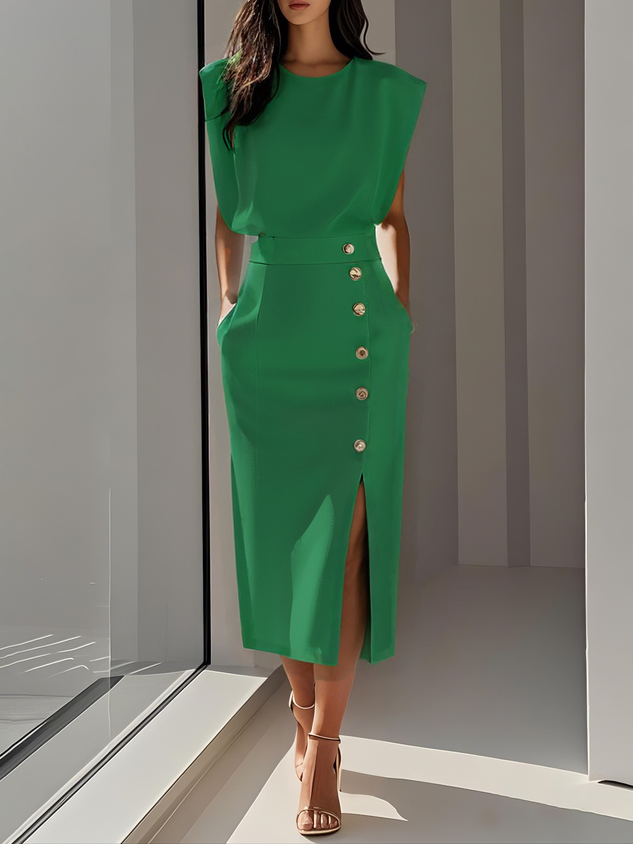 Malene™ | Effen midi-jurk met knoopsluiting en ronde hals