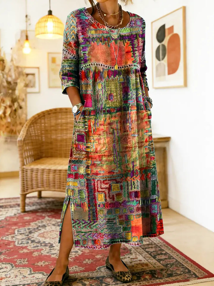 Manuela denim jurk met etnische patchwork