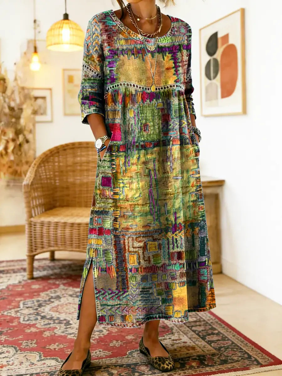 Manuela denim jurk met etnische patchwork
