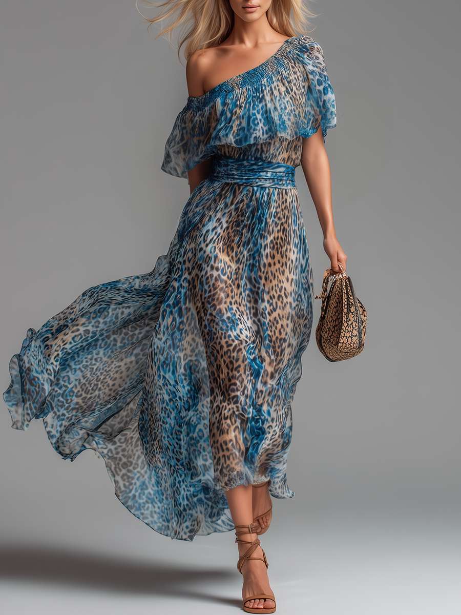 Selvaggia - Lange chiffon jurk met luipaardprint en blote schouders