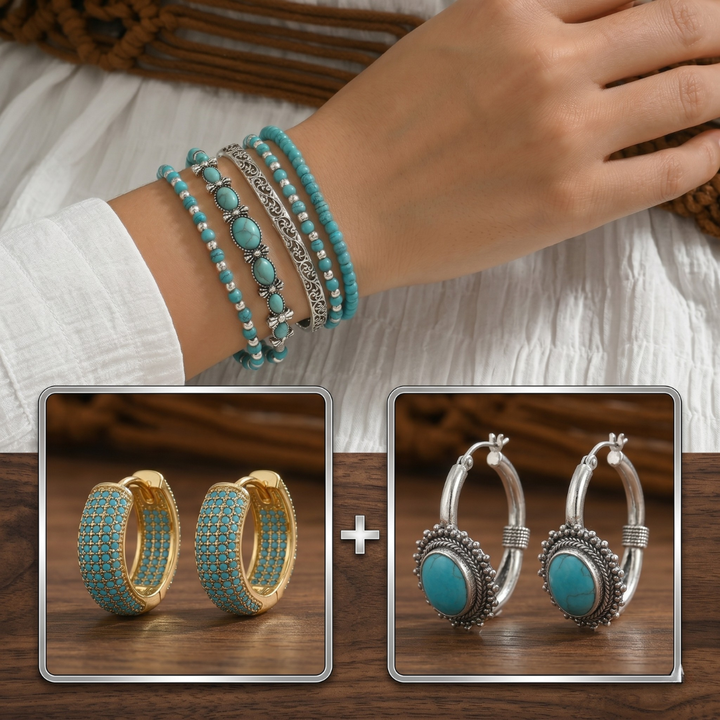 Lucia - Set van armband en oorbellen van turquoise parels in bohemian stijl