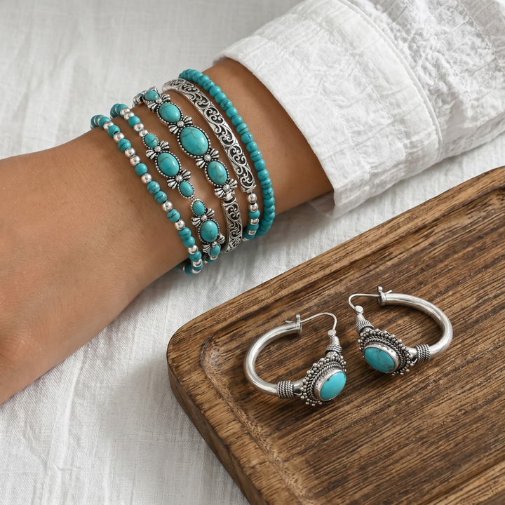 Lucia - Set van armband en oorbellen van turquoise parels in bohemian stijl