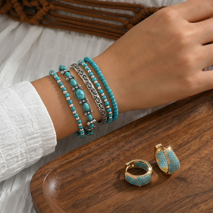 Lucia - Set van armband en oorbellen van turquoise parels in bohemian stijl